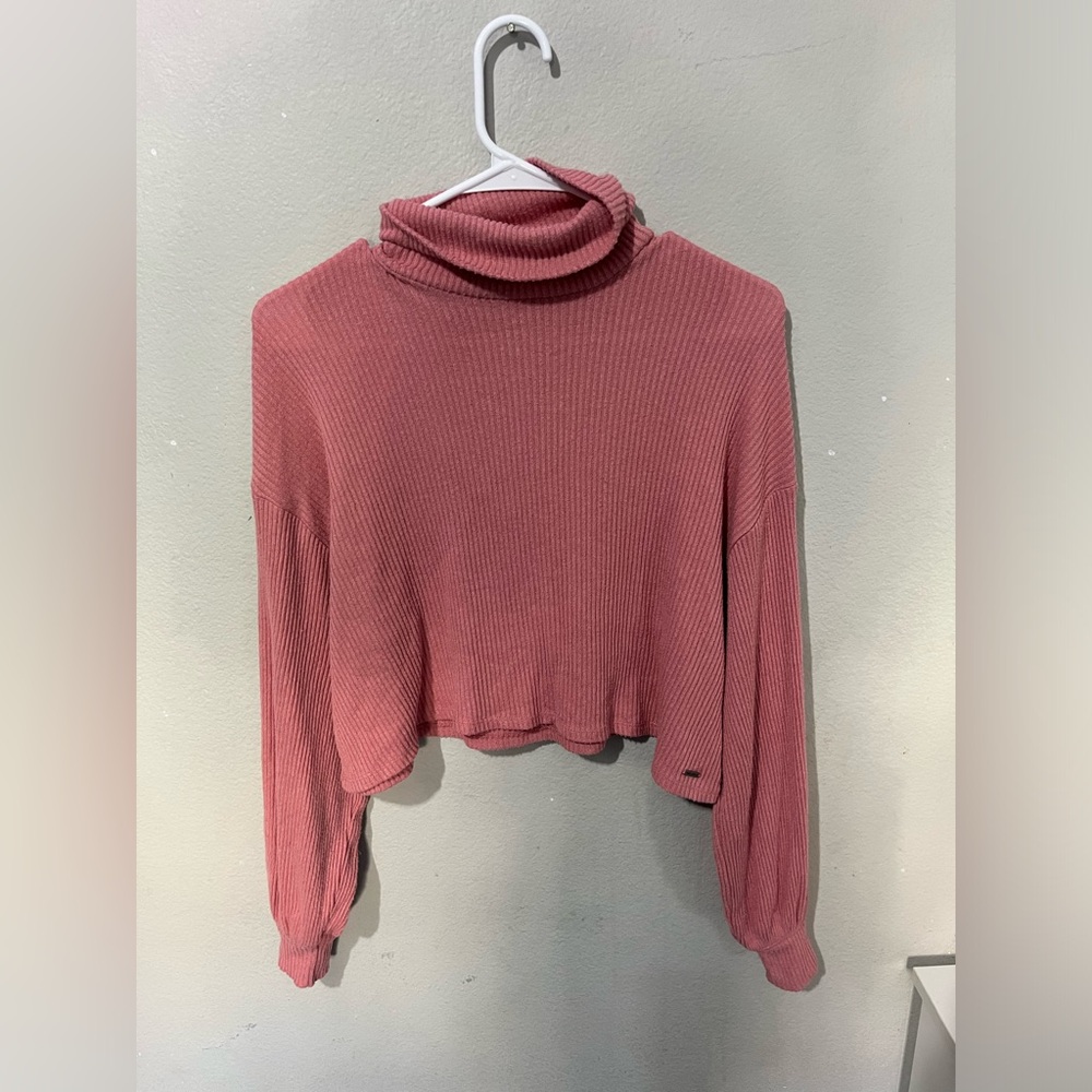 Hollister XS Ribbed Oversized Turtleneck Top Cropped Pink Puff Long Sleeve